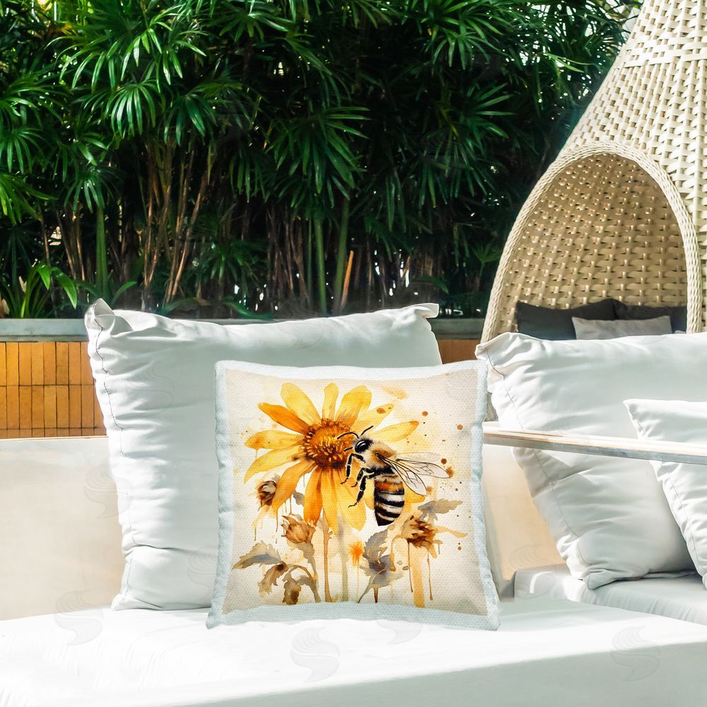 Petal Prints Design Busy Bee with Flower Outdoor Quick-Dry Polyester Printed Throw Pillow in Back Yard