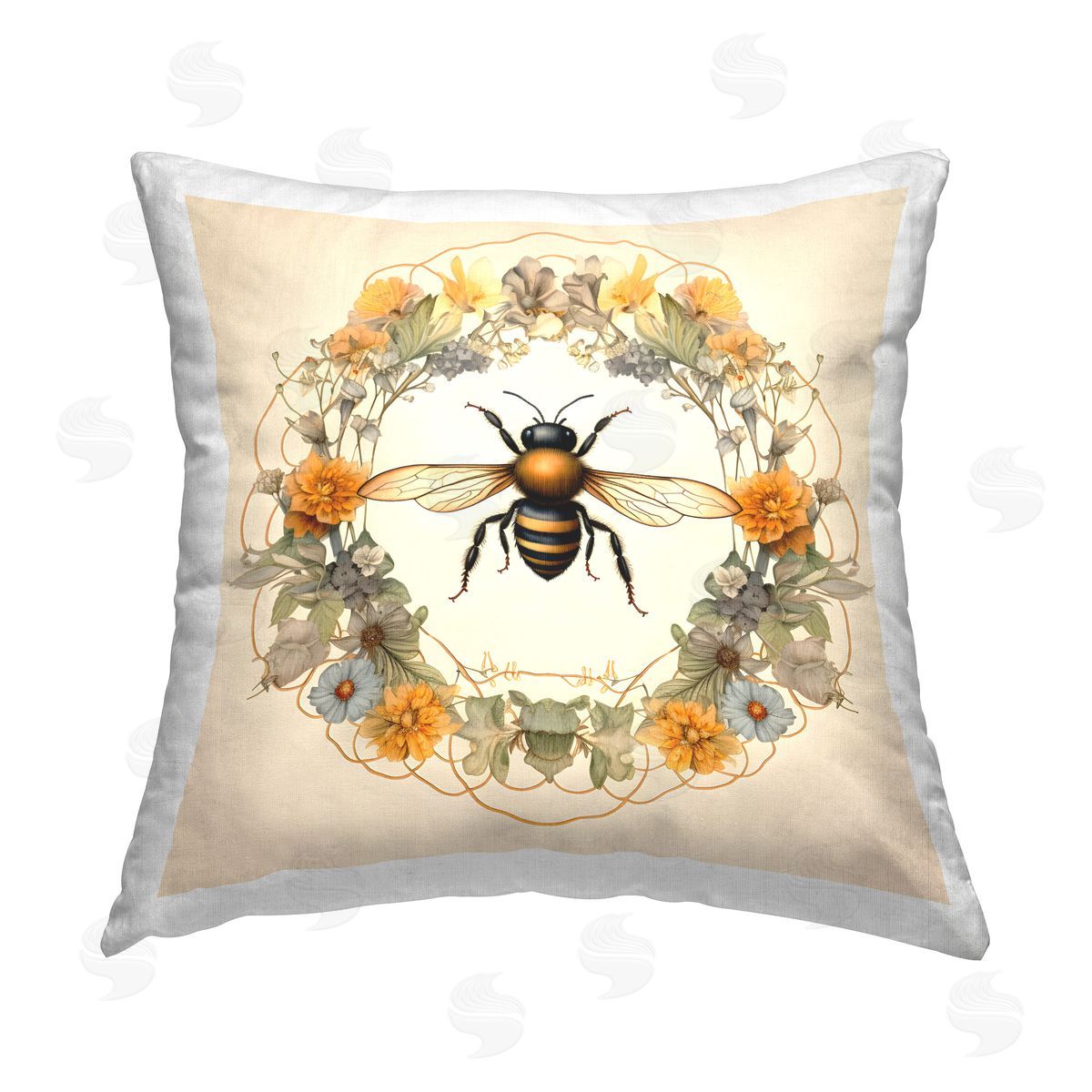 Petal Prints Design Cottage Bee Wreath Printed Plush Polyester Throw Pillow