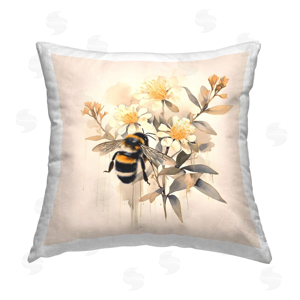 Petal Prints Design Honeybee with Daisies Printed Plush Polyester Throw Pillow