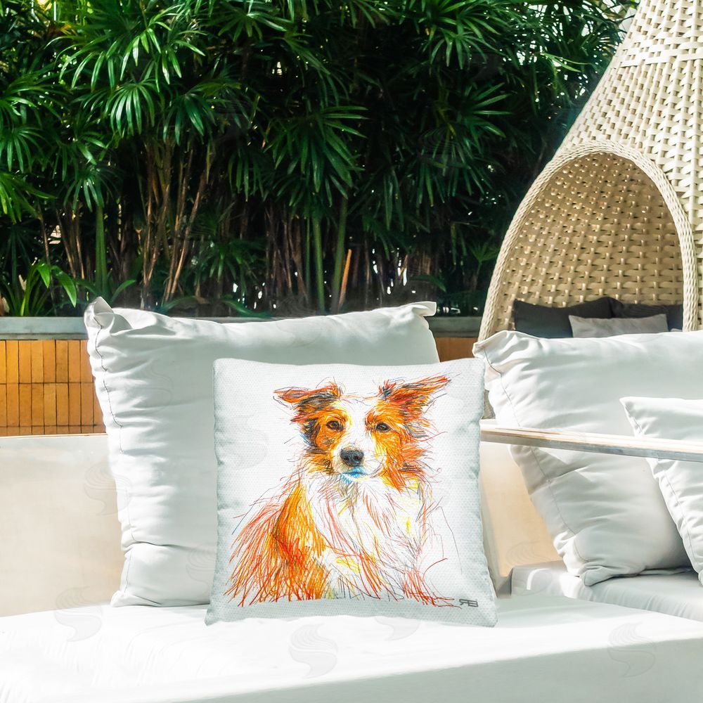 Roozbeh Bahramali Collie Dog Sketch Style Outdoor Quick-Dry Polyester Printed Throw Pillow in Back Yard