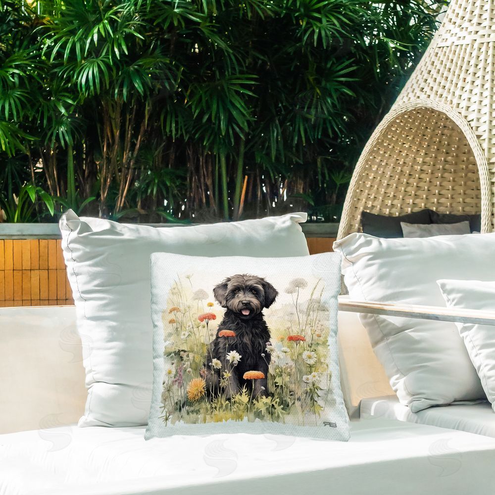 Roozbeh Bahramali Black Terrier in Meadow Outdoor Quick-Dry Polyester Printed Throw Pillow in Back Yard
