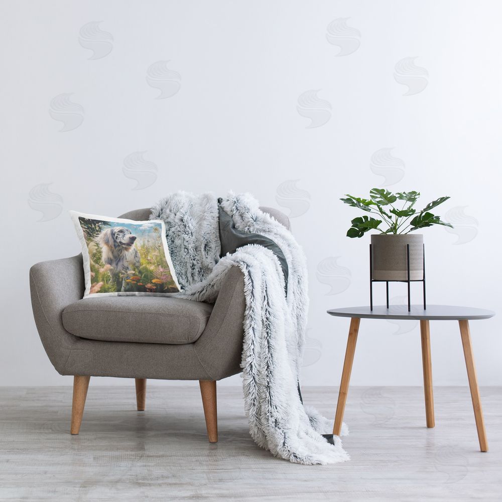 Roozbeh Bahramali Happy Dog Among Flowers Printed Plush Polyester Throw Pillow On Chair