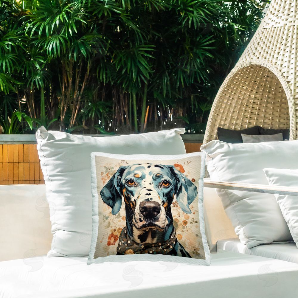 Roozbeh Bahramali Dog Portrait with Paint Splatter Outdoor Quick-Dry Polyester Printed Throw Pillow in Back Yard