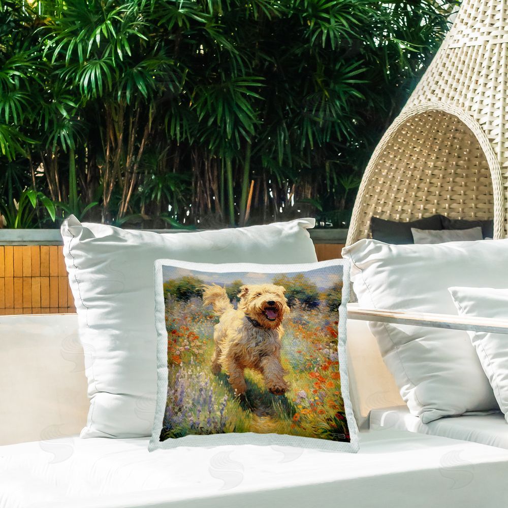 Roozbeh Bahramali Happy Running Terrier Dog Outdoor Quick-Dry Polyester Printed Throw Pillow in Back Yard