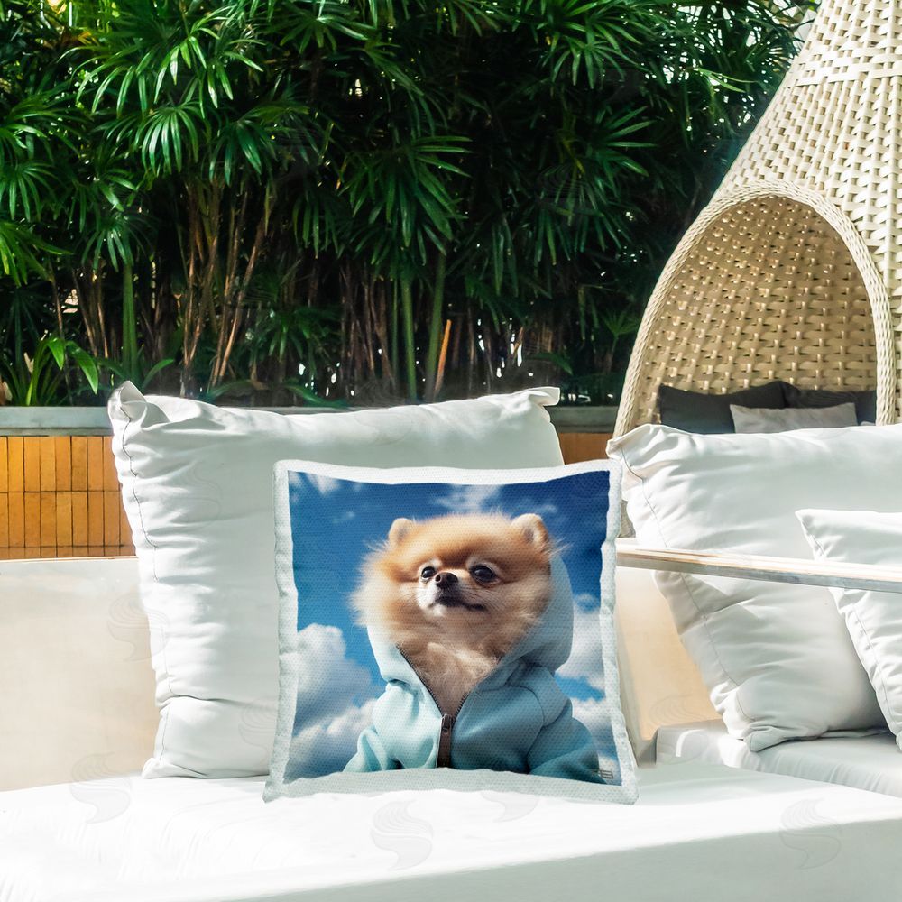 Roozbeh Bahramali Pomeranian Dog & Clouds Outdoor Quick-Dry Polyester Printed Throw Pillow in Back Yard