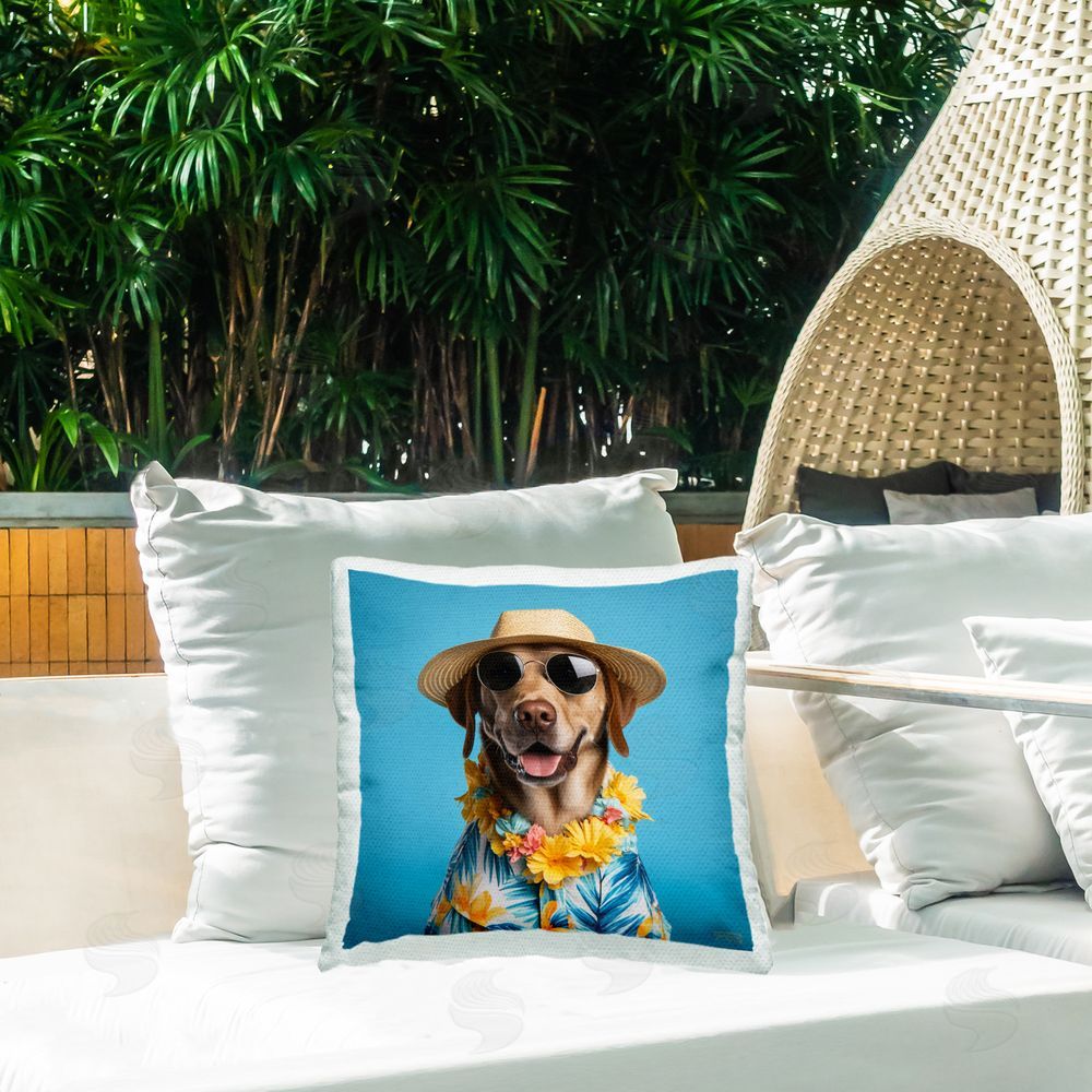 Roozbeh Bahramali Dog with Aloha Shirt Outdoor Quick-Dry Polyester Printed Throw Pillow in Back Yard