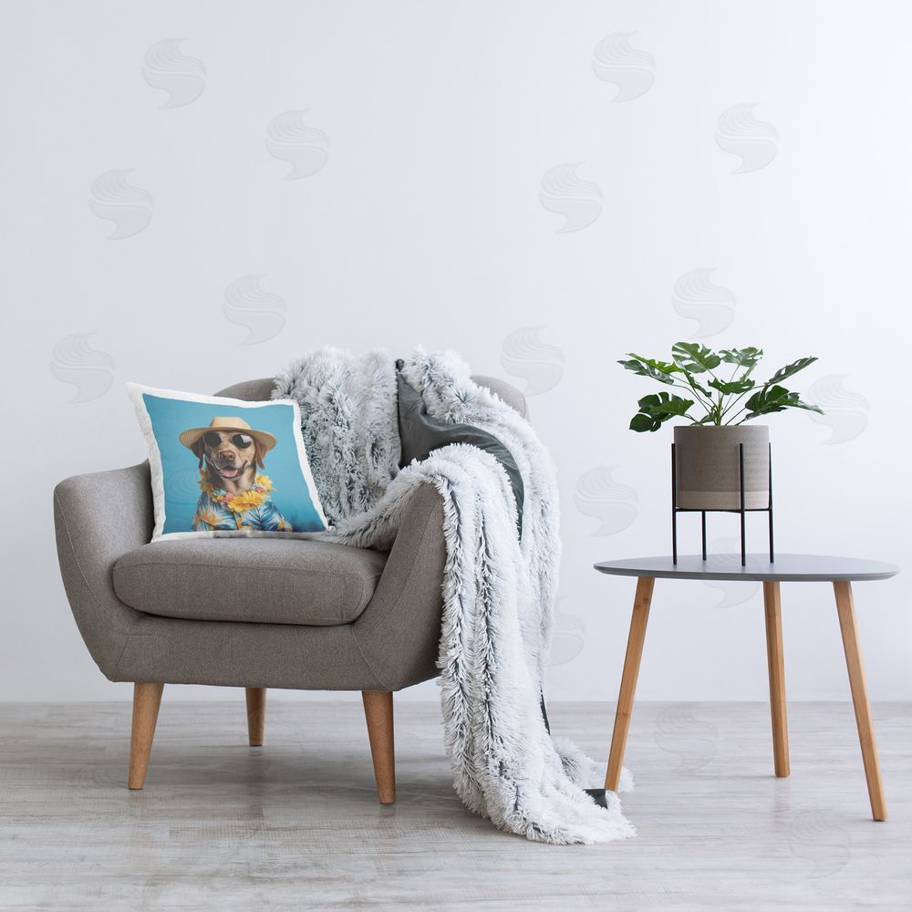 Roozbeh Bahramali Dog with Aloha Shirt Printed Plush Polyester Throw Pillow On Chair