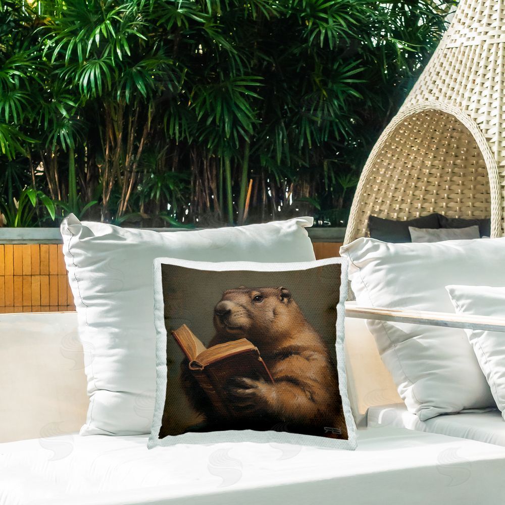Roozbeh Bahramali Groundhog Reading Book Outdoor Quick-Dry Polyester Printed Throw Pillow in Back Yard