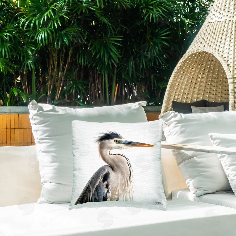 Roozbeh Bahramali Stoic Heron Looking Right Outdoor Quick-Dry Polyester Printed Throw Pillow in Back Yard
