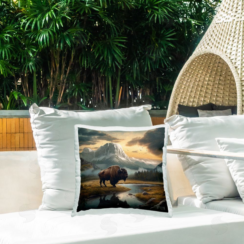 Roozbeh Bahramali Bison & Vast Mountains Outdoor Quick-Dry Polyester Printed Throw Pillow in Back Yard