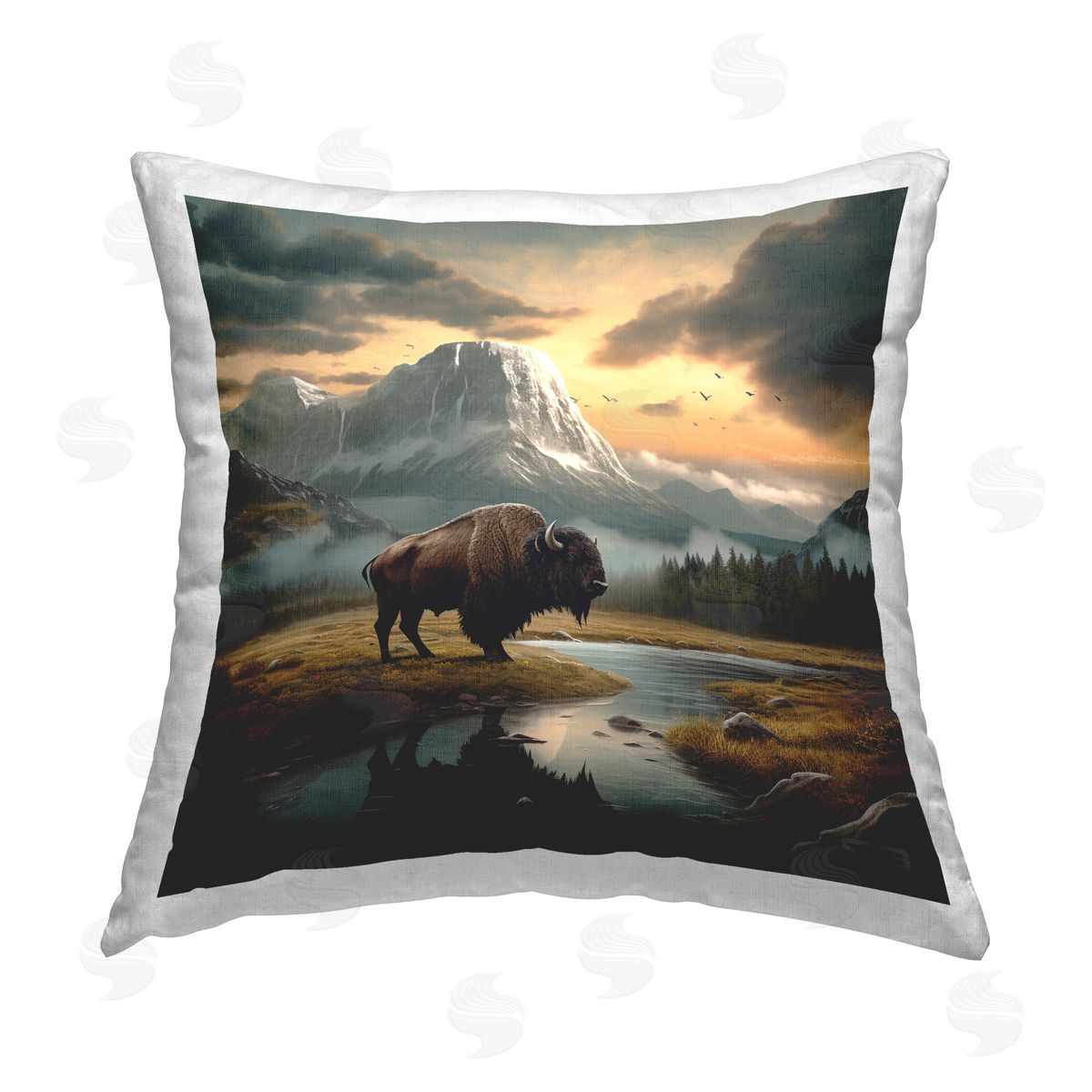 Roozbeh Bahramali Bison & Vast Mountains Printed Plush Polyester Throw Pillow