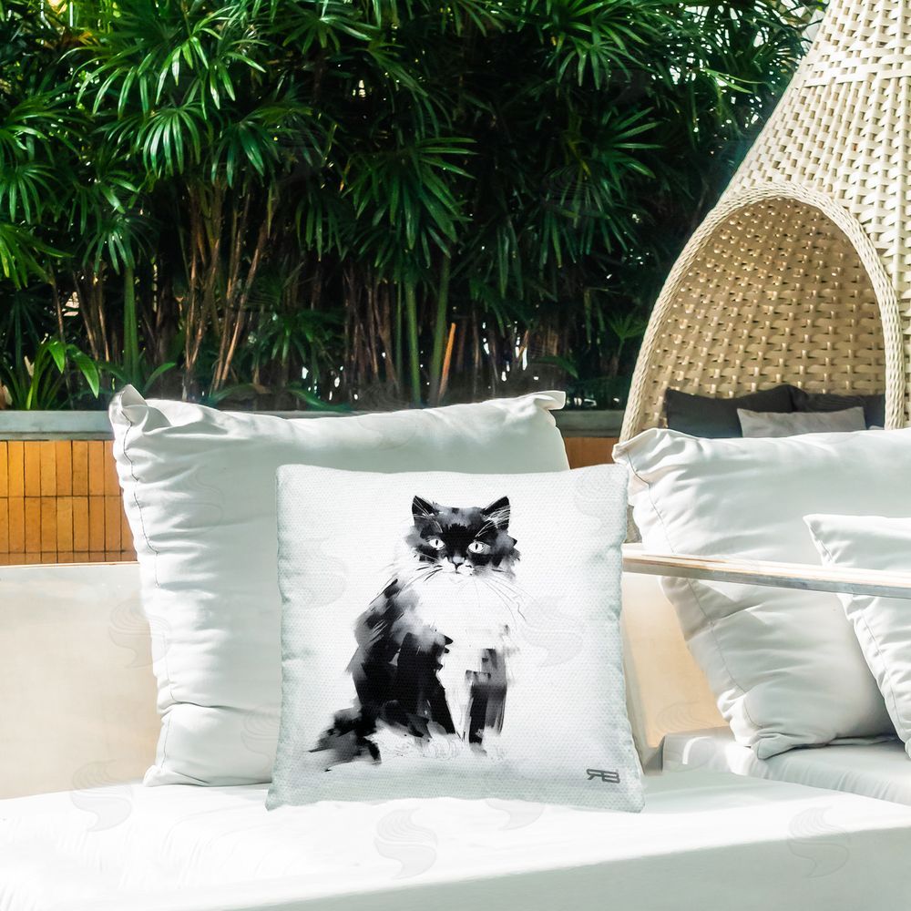 Roozbeh Bahramali Abstract Black & White Cat Outdoor Quick-Dry Polyester Printed Throw Pillow in Back Yard