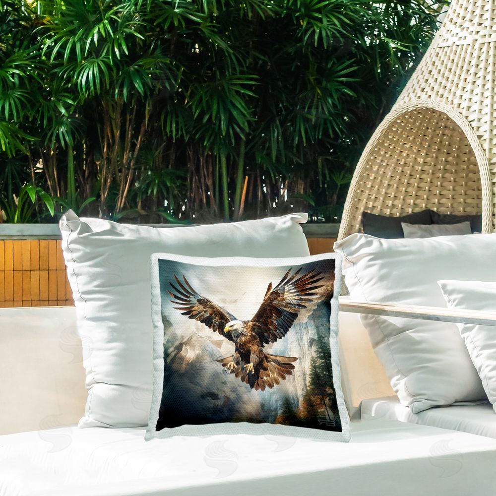Roozbeh Bahramali Intense Eagle Spreading Wings Outdoor Quick-Dry Polyester Printed Throw Pillow in Back Yard
