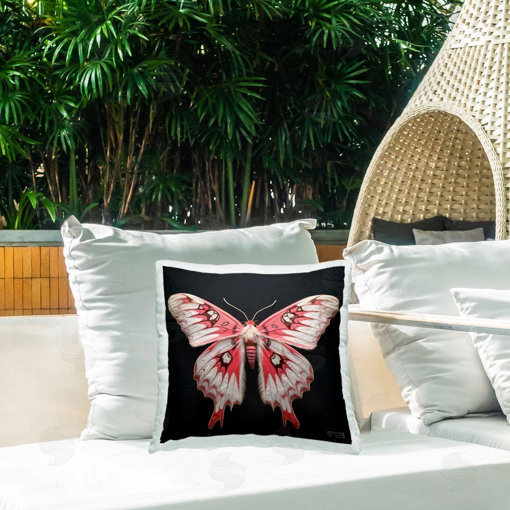 Roozbeh Bahramali Red & White Moth Outdoor Quick-Dry Polyester Printed Throw Pillow in Back Yard