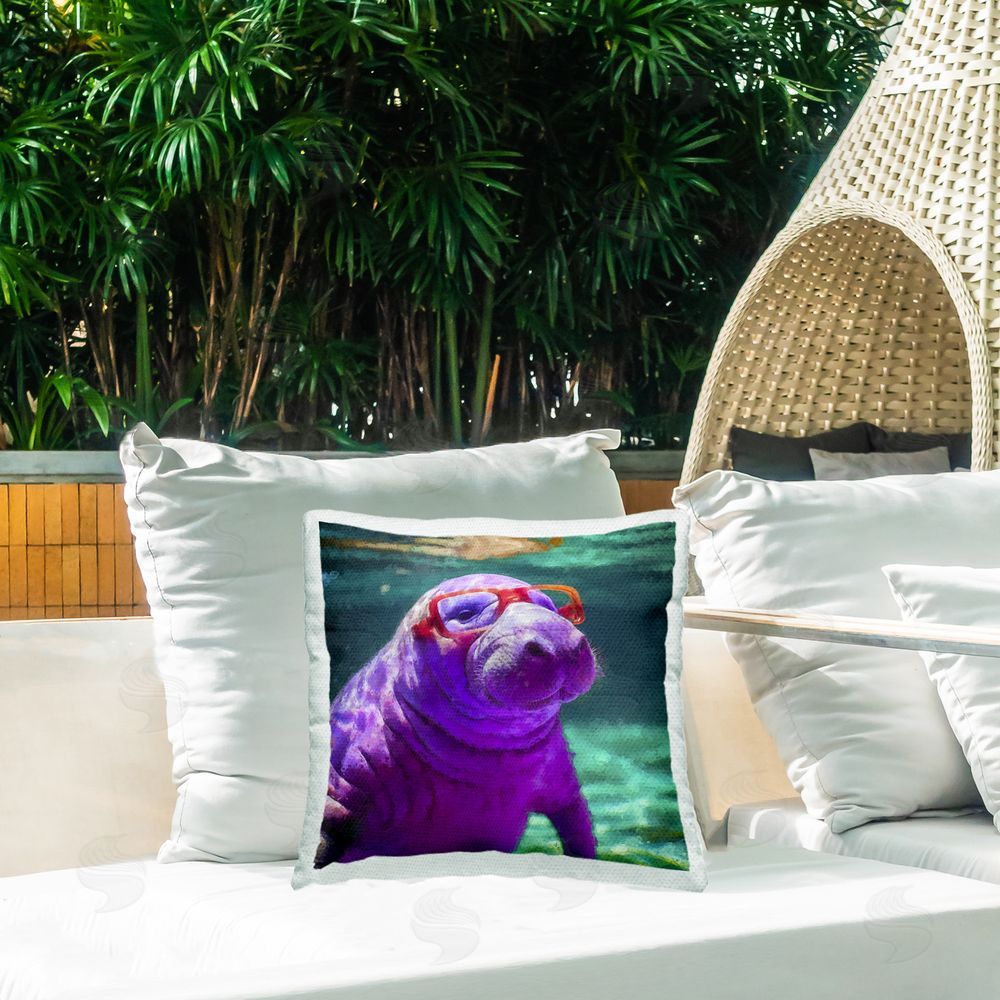 Sean Parnell Manatee with Glasses Outdoor Quick-Dry Polyester Printed Throw Pillow in Back Yard