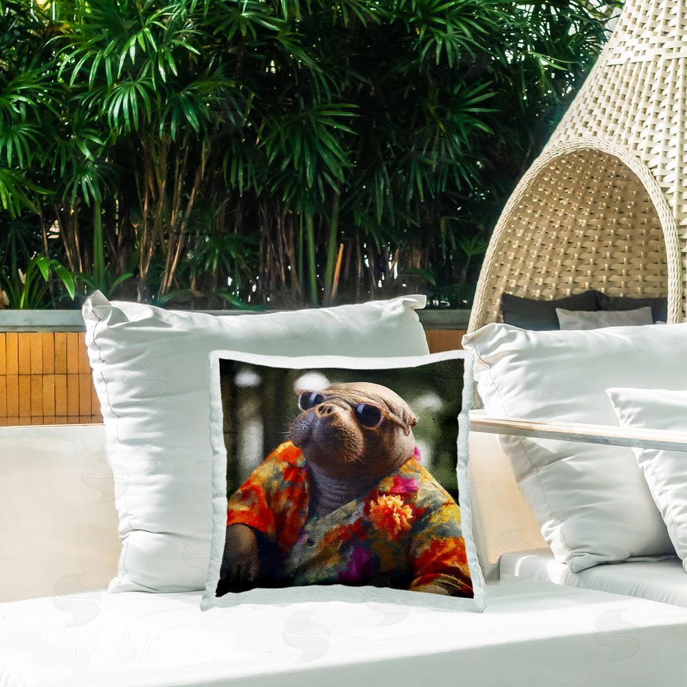 Sean Parnell Manatee with Aloha Shirt Outdoor Quick-Dry Polyester Printed Throw Pillow in Back Yard