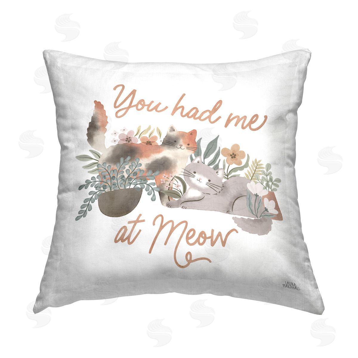 Laura Marshall Meow Garden Friends Printed Plush Polyester Throw Pillow