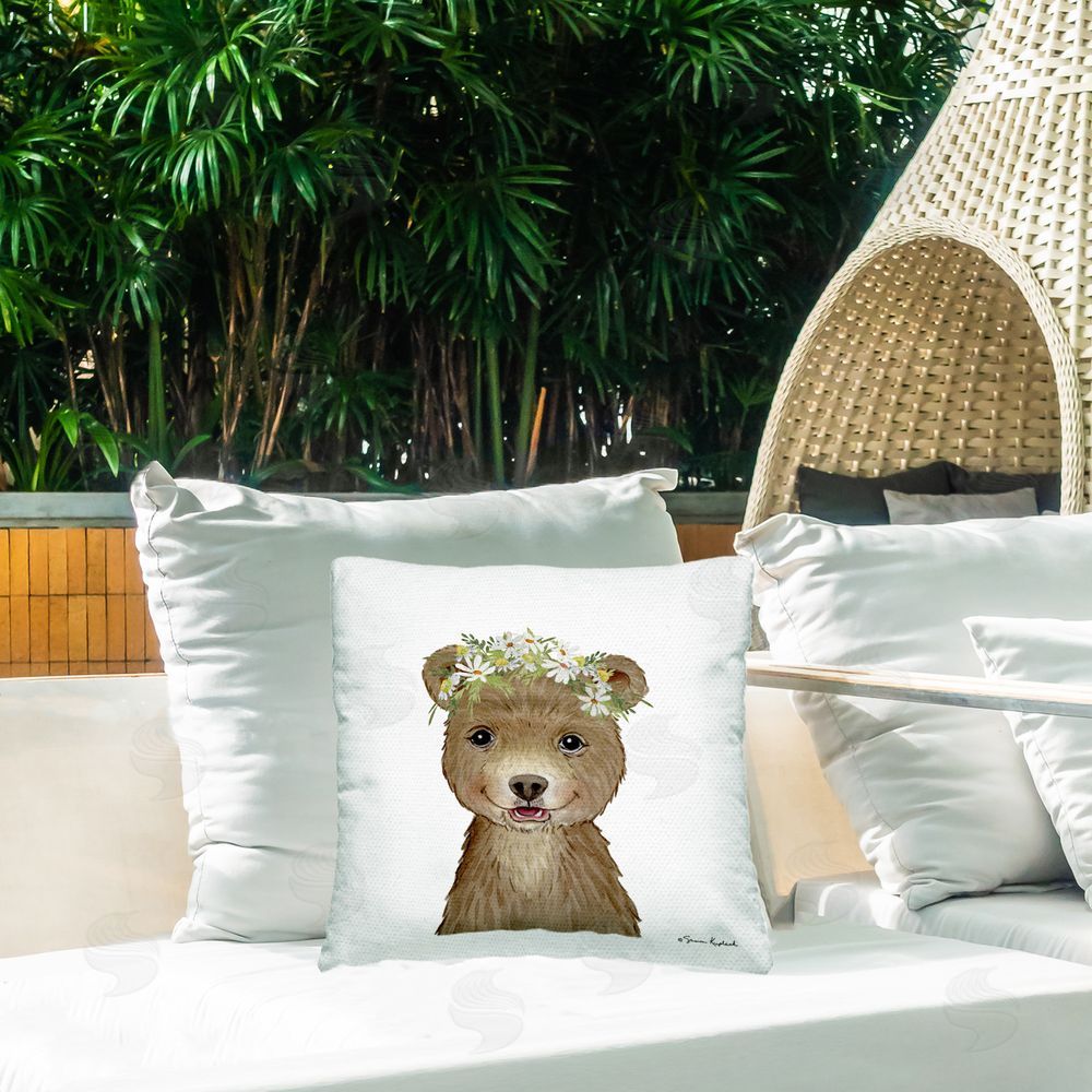 Sharon Kuplack Bear & Wildflower Crown Outdoor Quick-Dry Polyester Printed Throw Pillow in Back Yard