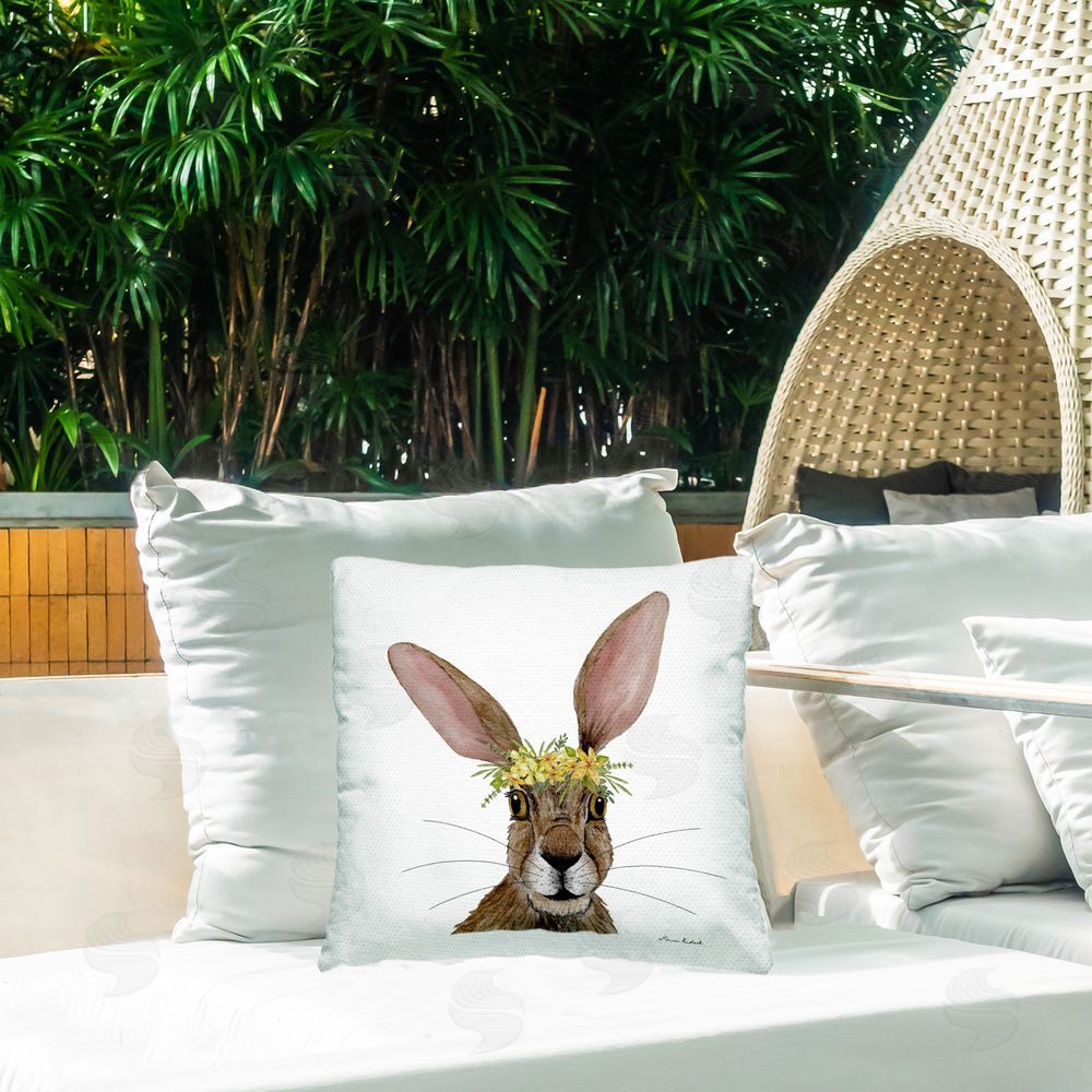 Sharon Kuplack Hare & Wildflower Crown Outdoor Quick-Dry Polyester Printed Throw Pillow in Back Yard