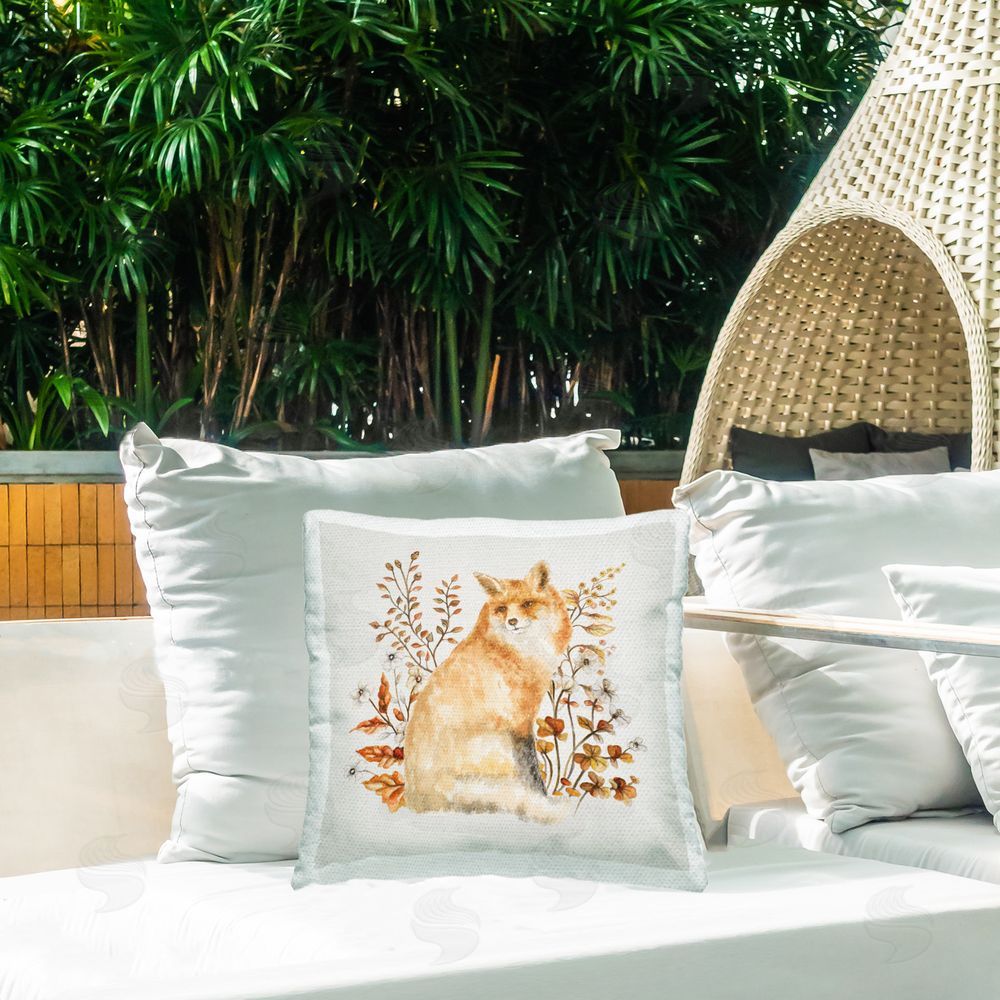 Janice Gaynor Rustic Fox & Botanicals Outdoor Quick-Dry Polyester Printed Throw Pillow in Back Yard