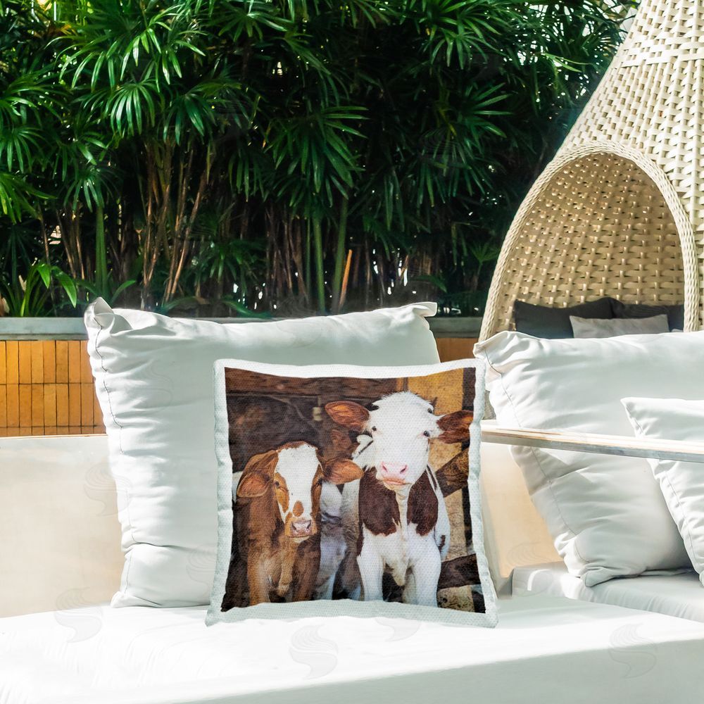 SunDance Group LLC Baby Cows on Farm Outdoor Quick-Dry Polyester Printed Throw Pillow in Back Yard