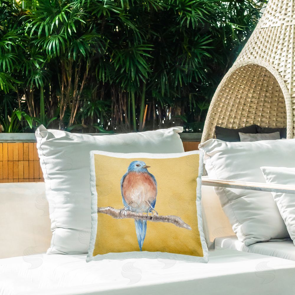 Lanie Loreth Traditional Bluebird Perched Outdoor Quick-Dry Polyester Printed Throw Pillow in Back Yard