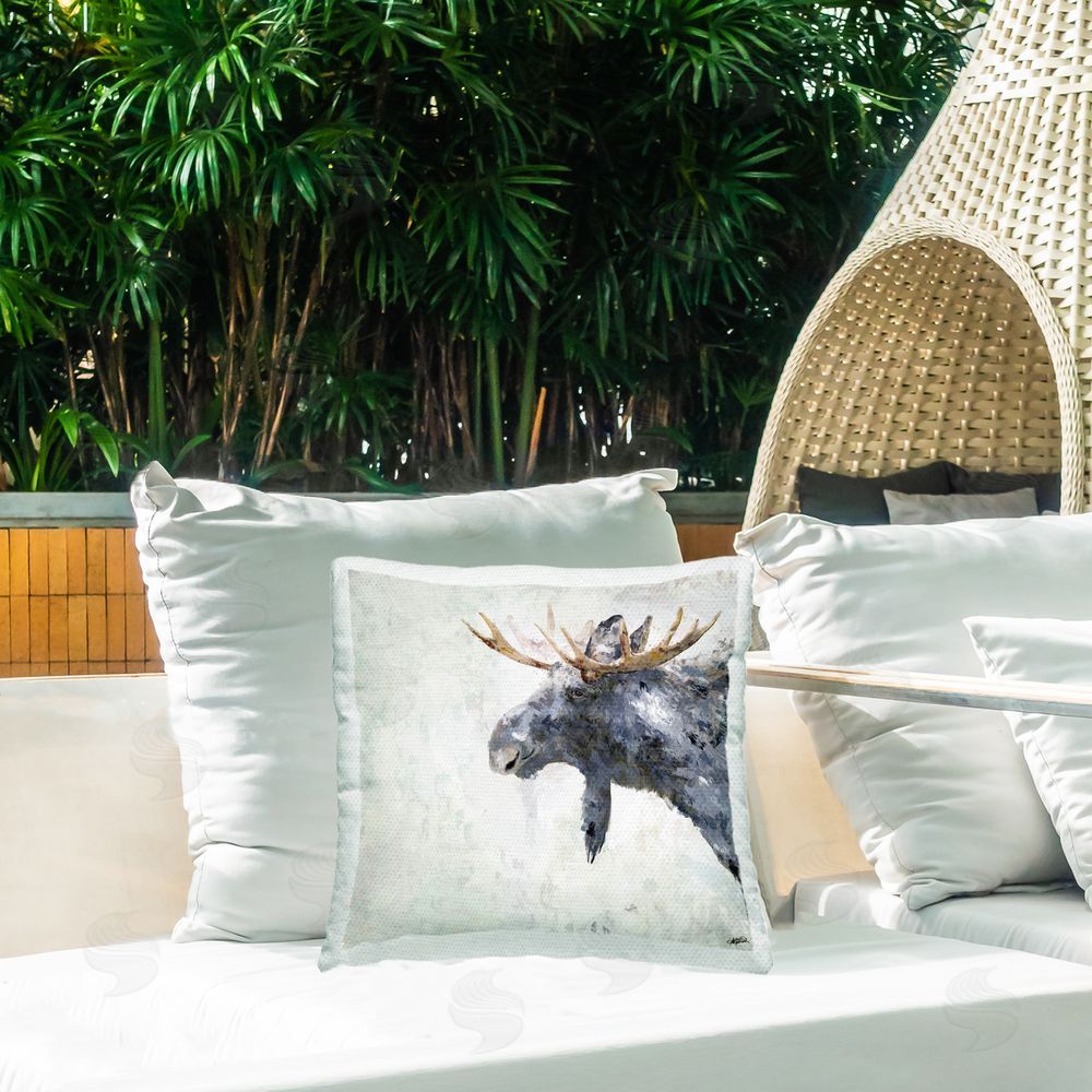 Sally Kaye Barlow/Makaio Design Rustic Moose View Outdoor Quick-Dry Polyester Printed Throw Pillow in Back Yard