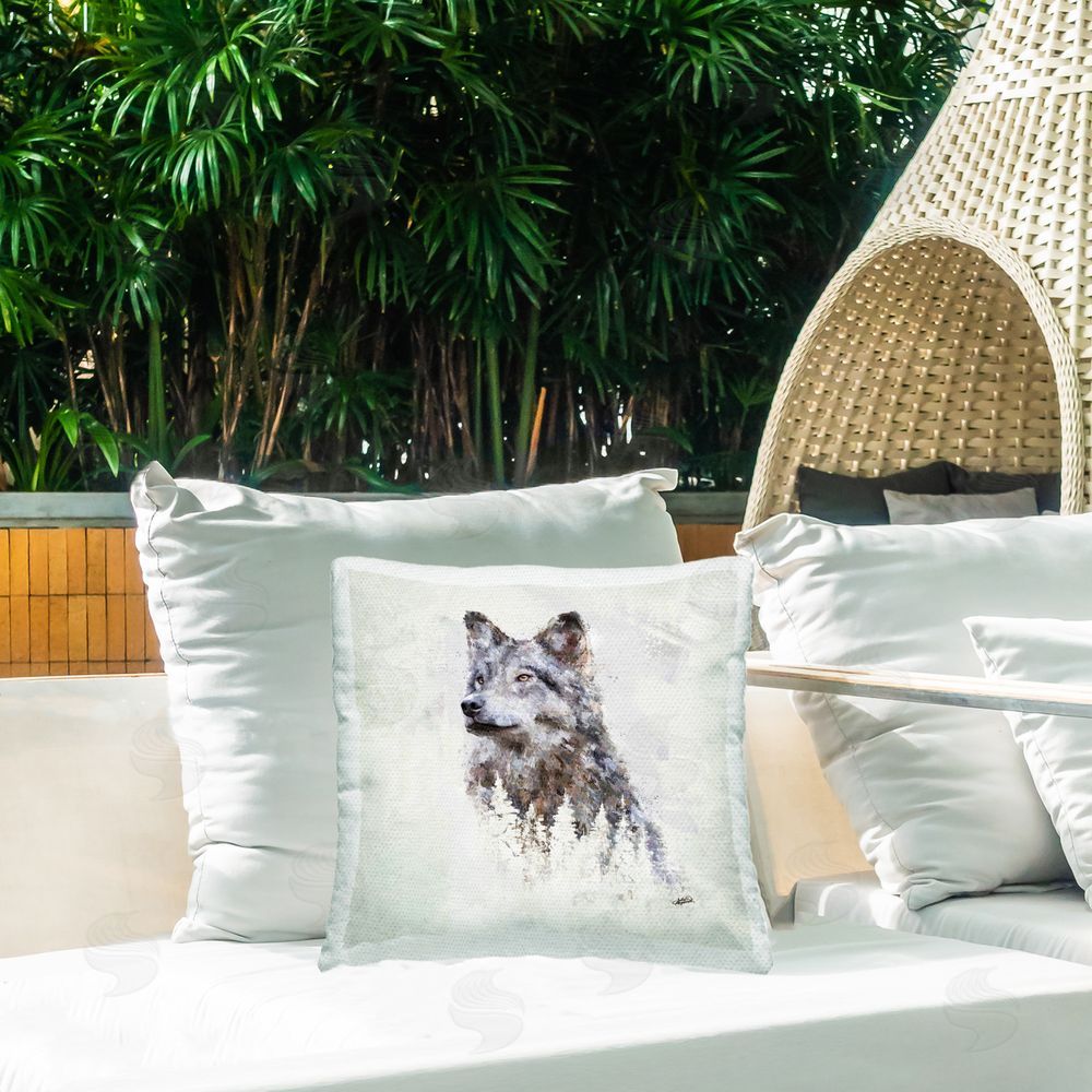 Sally Kaye Barlow/Makaio Design Rustic Wolf & Trees Outdoor Quick-Dry Polyester Printed Throw Pillow in Back Yard