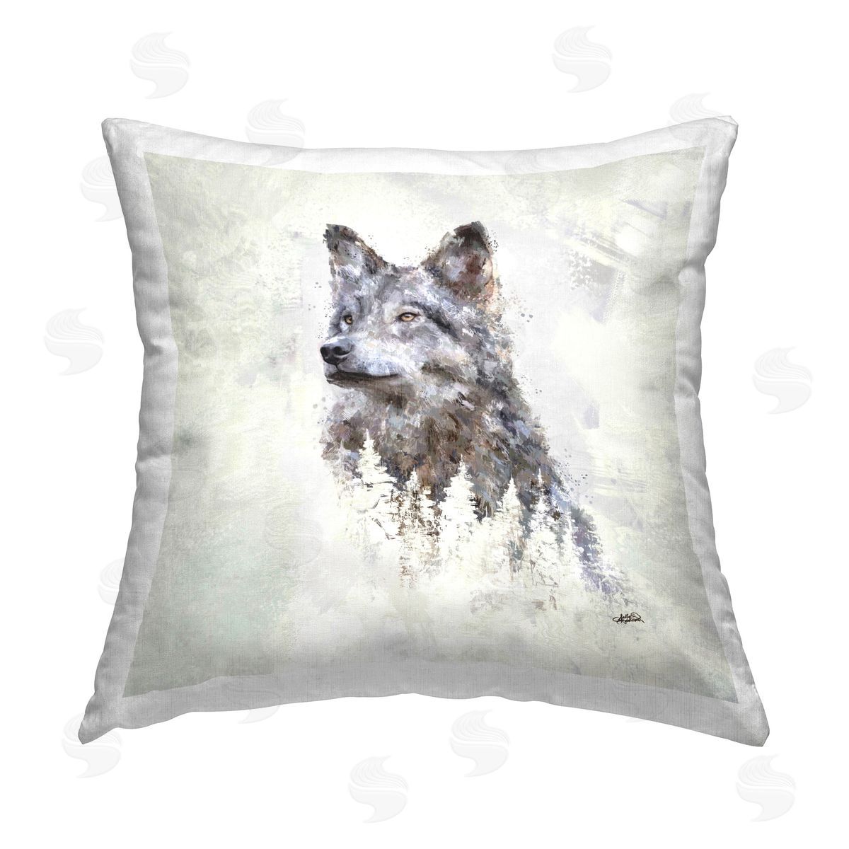 Sally Kaye Barlow/Makaio Design Rustic Wolf & Trees Printed Plush Polyester Throw Pillow