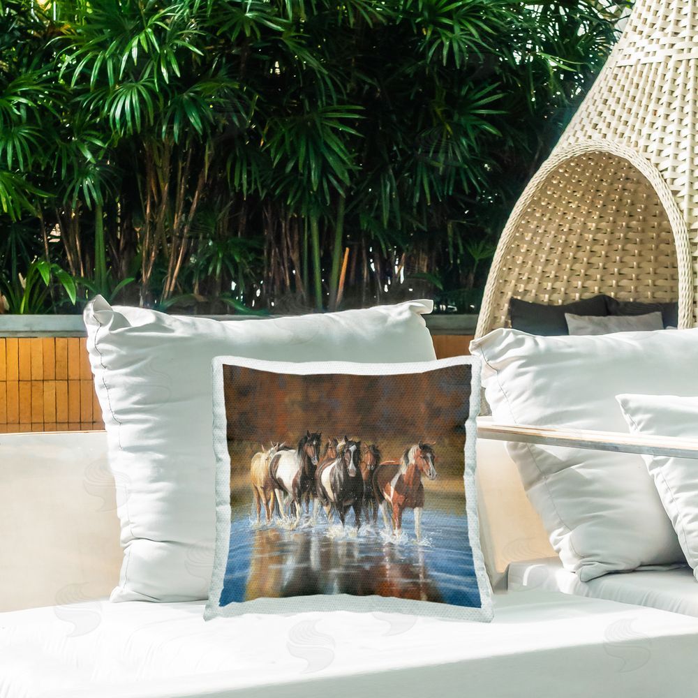 Victoria Schultz River & Horses Scenery Outdoor Quick-Dry Polyester Printed Throw Pillow in Back Yard