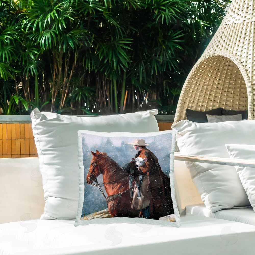 Victoria Schultz Cowboy Snow Scene Outdoor Quick-Dry Polyester Printed Throw Pillow in Back Yard