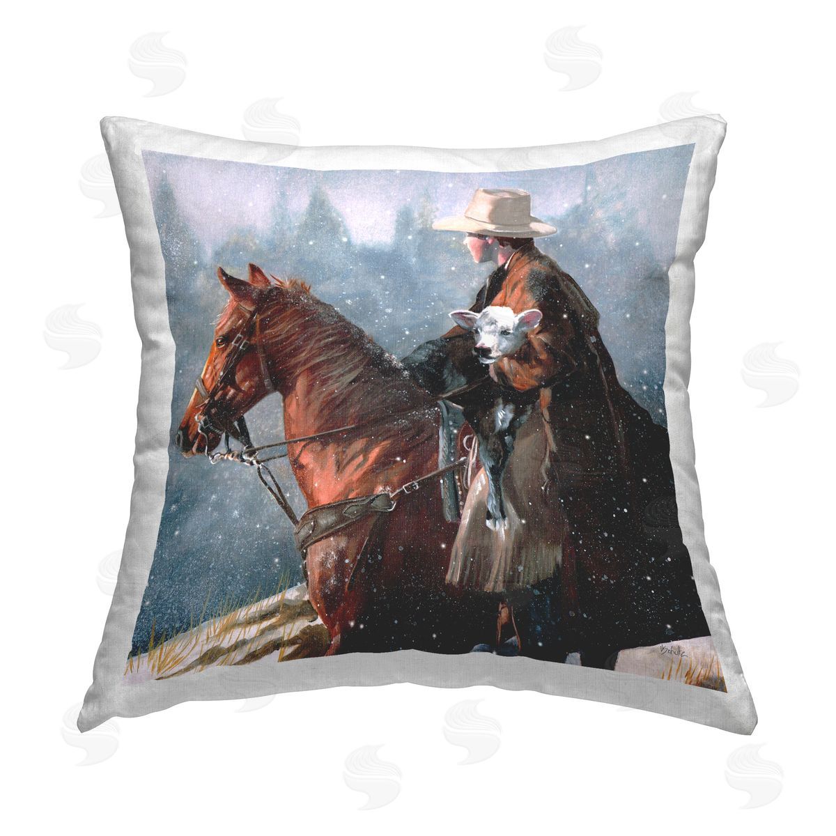 Victoria Schultz Cowboy Snow Scene Printed Plush Polyester Throw Pillow