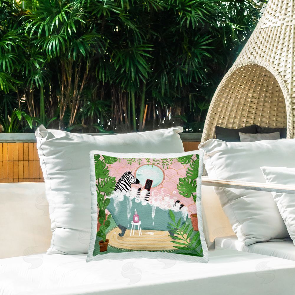 Farida Zaman Zebra Fun Bath Time Outdoor Quick-Dry Polyester Printed Throw Pillow in Back Yard