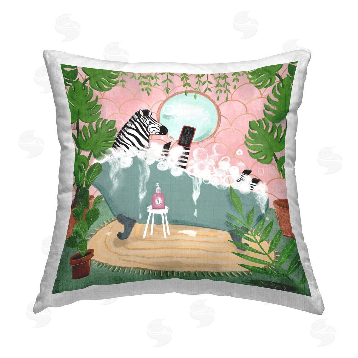 Farida Zaman Zebra Fun Bath Time Printed Plush Polyester Throw Pillow
