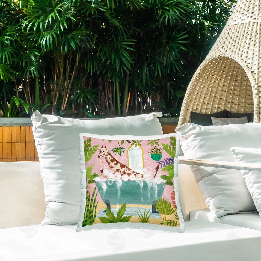 Farida Zaman Giraffe Fun Bath Time Outdoor Quick-Dry Polyester Printed Throw Pillow in Back Yard