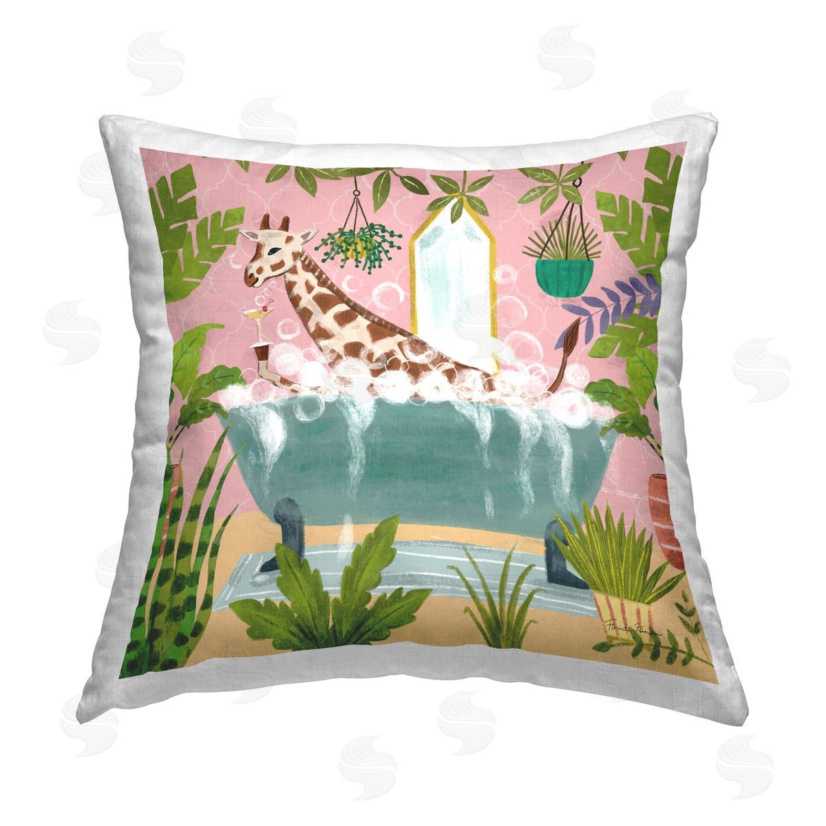 Farida Zaman Giraffe Fun Bath Time Printed Plush Polyester Throw Pillow