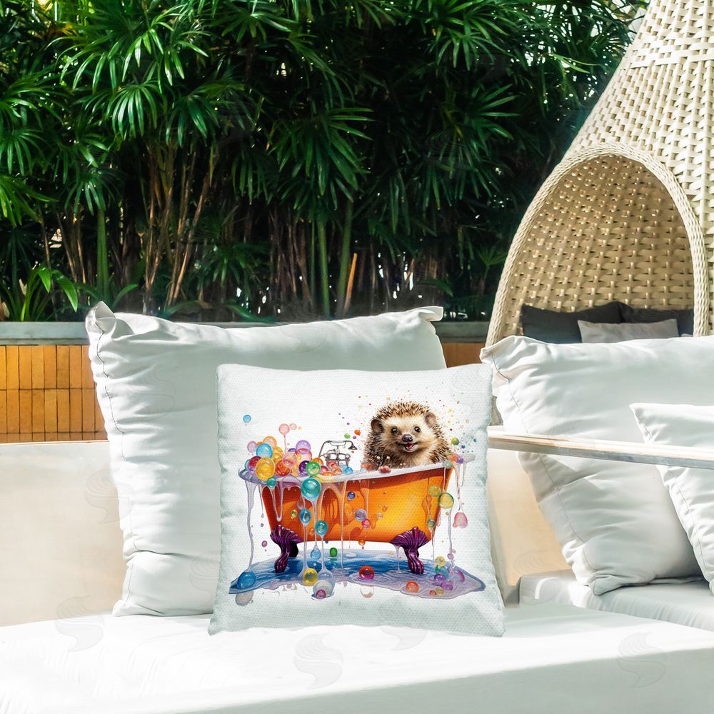 MB Cunningham Happy Hedgehog Bubble Bath Outdoor Quick-Dry Polyester Printed Throw Pillow in Back Yard