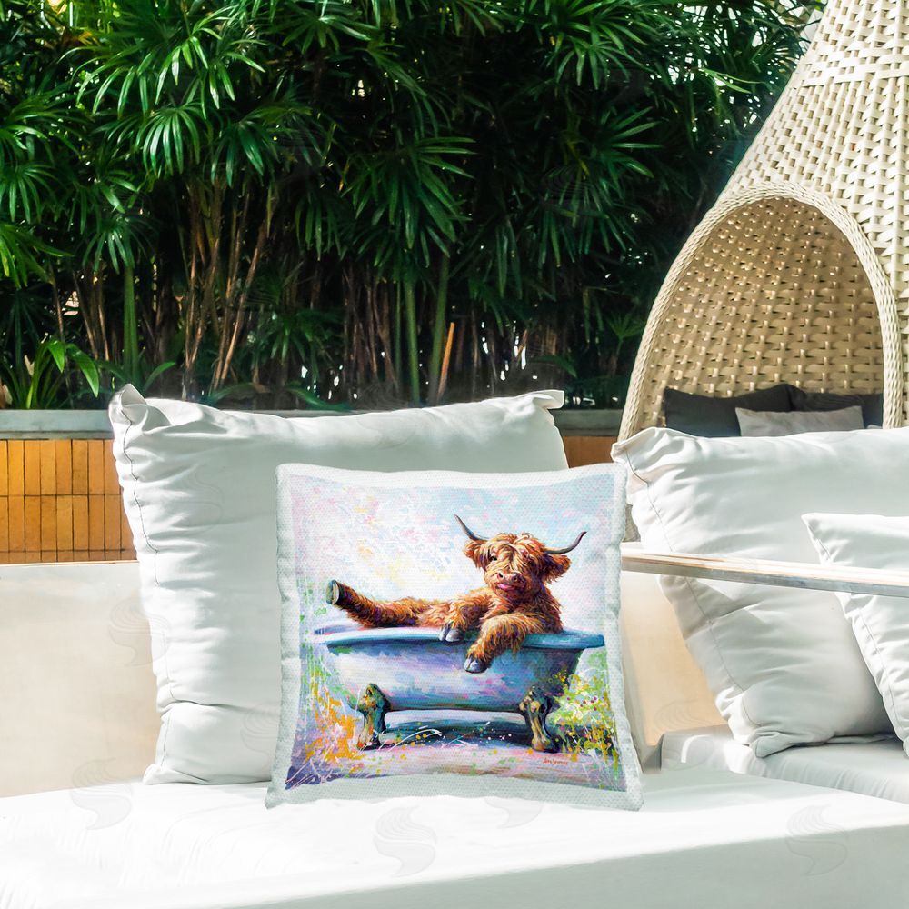 Leon Devenice Splashing Baby Cow Outdoor Quick-Dry Polyester Printed Throw Pillow in Back Yard