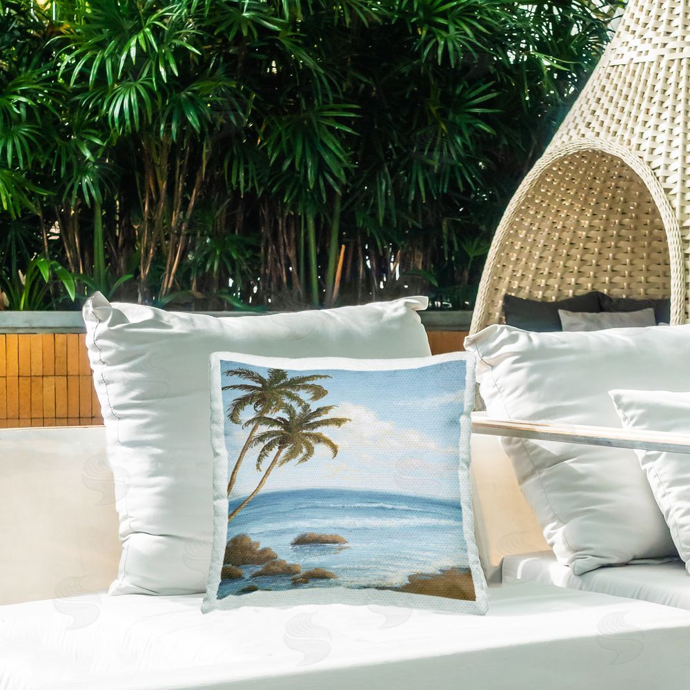 Michael Marcon Palm Trees Looming Beach Outdoor Quick-Dry Polyester Printed Throw Pillow in Back Yard