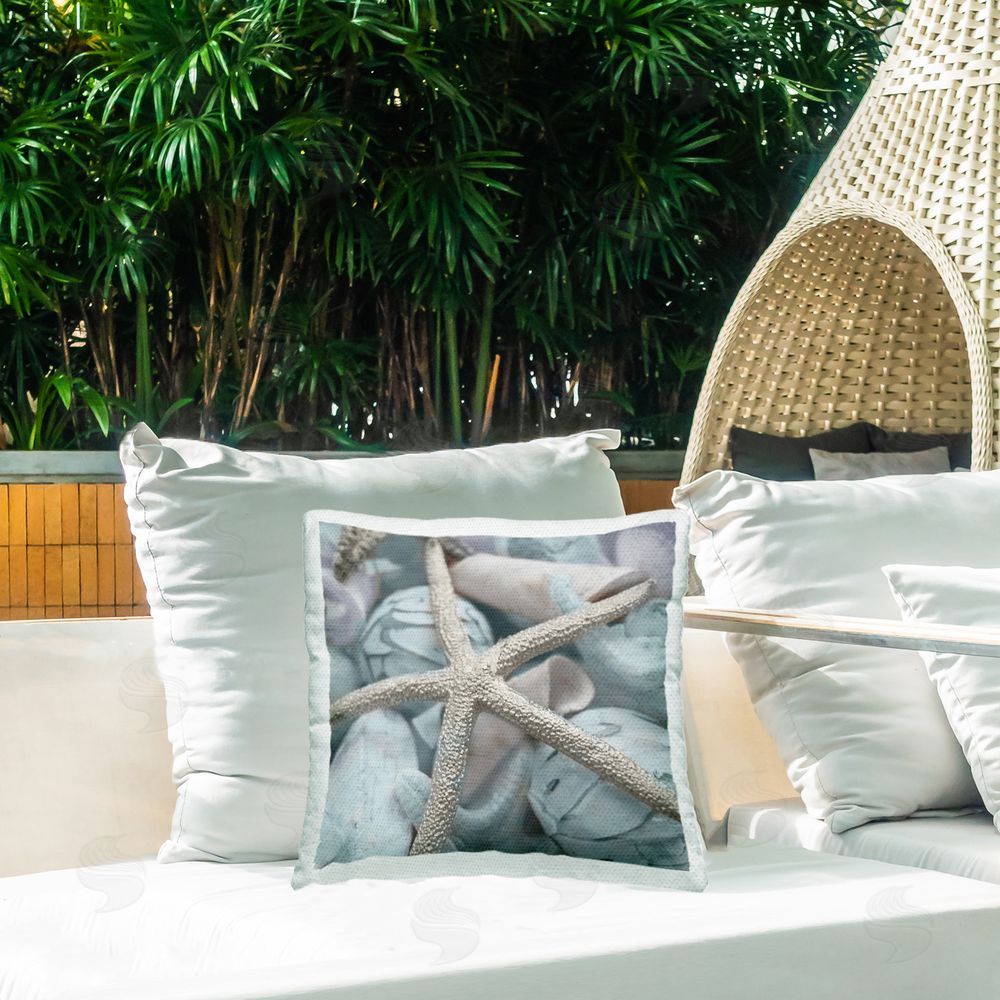 Susan Bryant Starfish & Various Shells Outdoor Quick-Dry Polyester Printed Throw Pillow in Back Yard