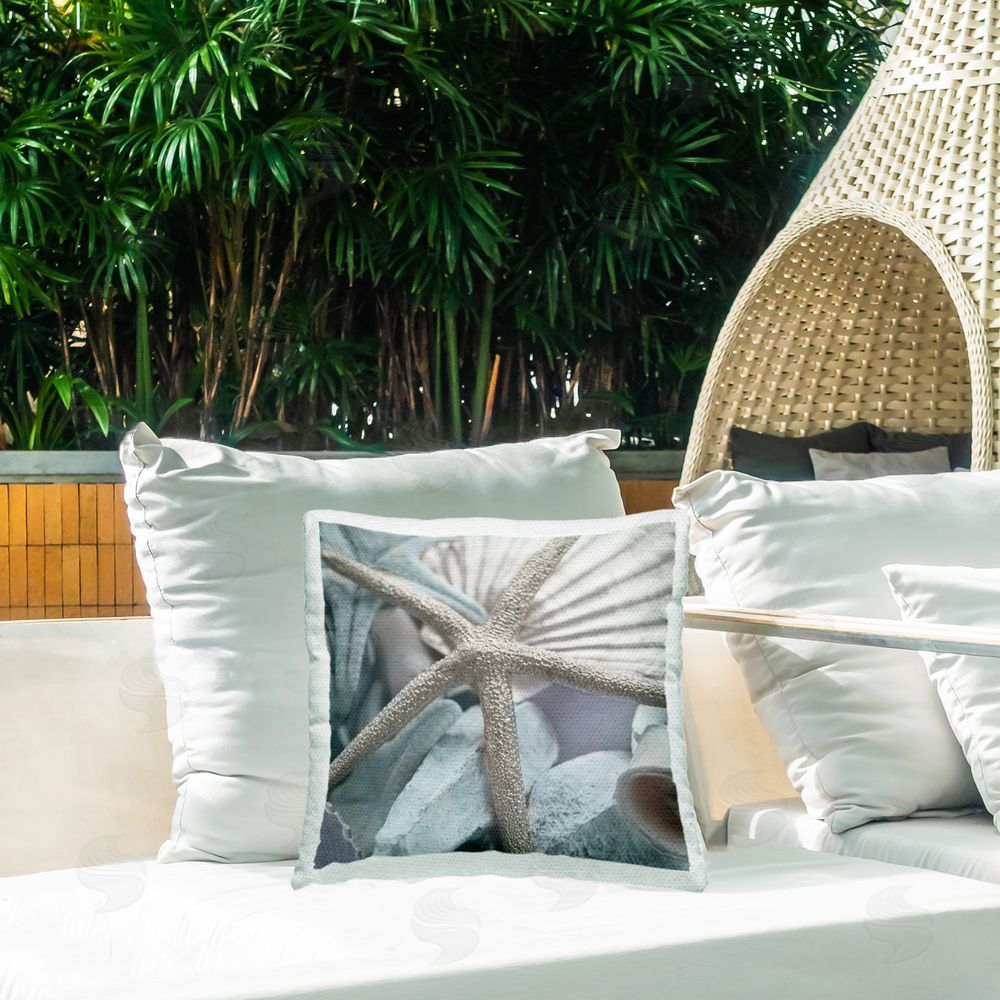 Susan Bryant Seashells & Starfish Outdoor Quick-Dry Polyester Printed Throw Pillow in Back Yard