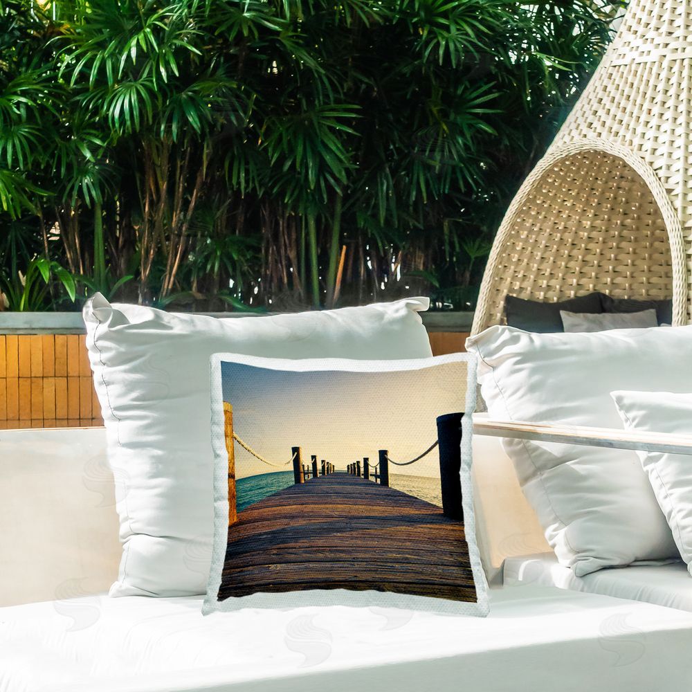 Susan Bryant Coastal Beach Dock Outdoor Quick-Dry Polyester Printed Throw Pillow in Back Yard