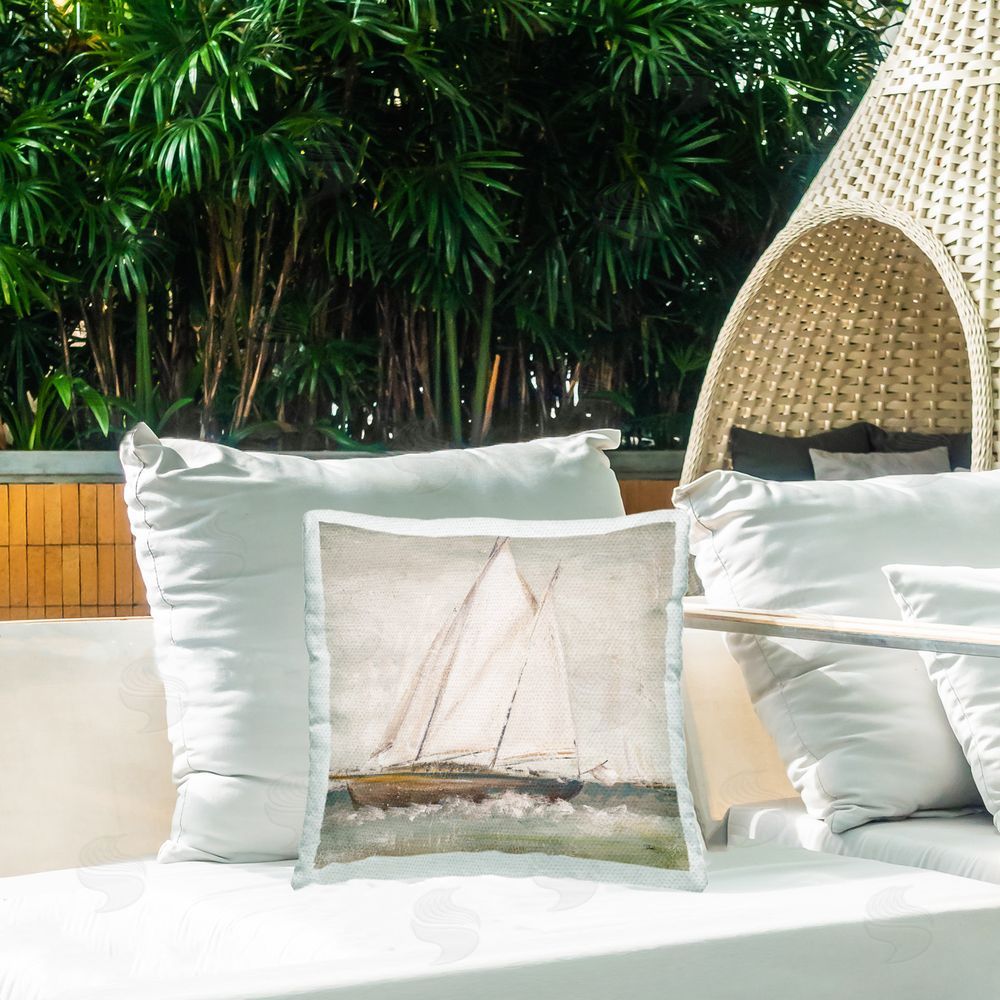 Patricia Pinto Traditional Sailboat Splash Outdoor Quick-Dry Polyester Printed Throw Pillow in Back Yard
