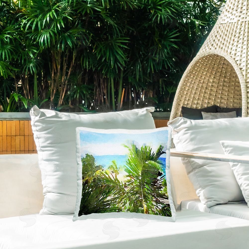 Nola James Palm Leaves over Beach Outdoor Quick-Dry Polyester Printed Throw Pillow in Back Yard