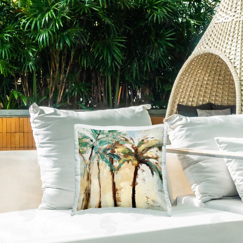 Lanie Loreth Rustic Brushed Palm Trees Outdoor Quick-Dry Polyester Printed Throw Pillow in Back Yard