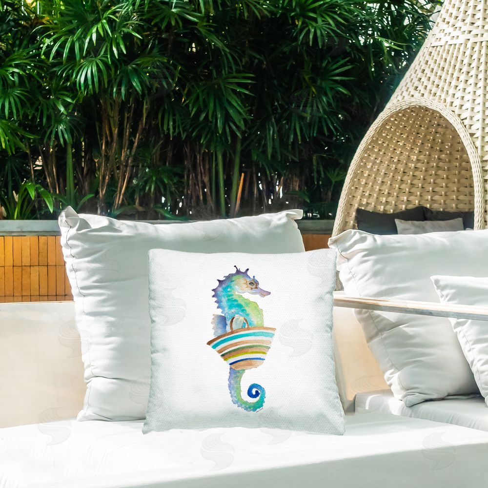 Lanie Loreth Summer Ready Seahorse Outdoor Quick-Dry Polyester Printed Throw Pillow in Back Yard