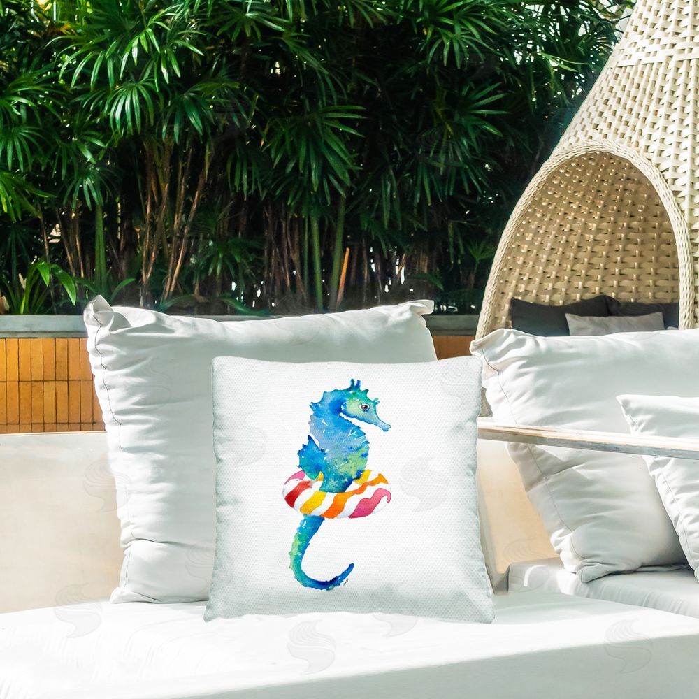 Lanie Loreth Summer Float Seahorse Outdoor Quick-Dry Polyester Printed Throw Pillow in Back Yard
