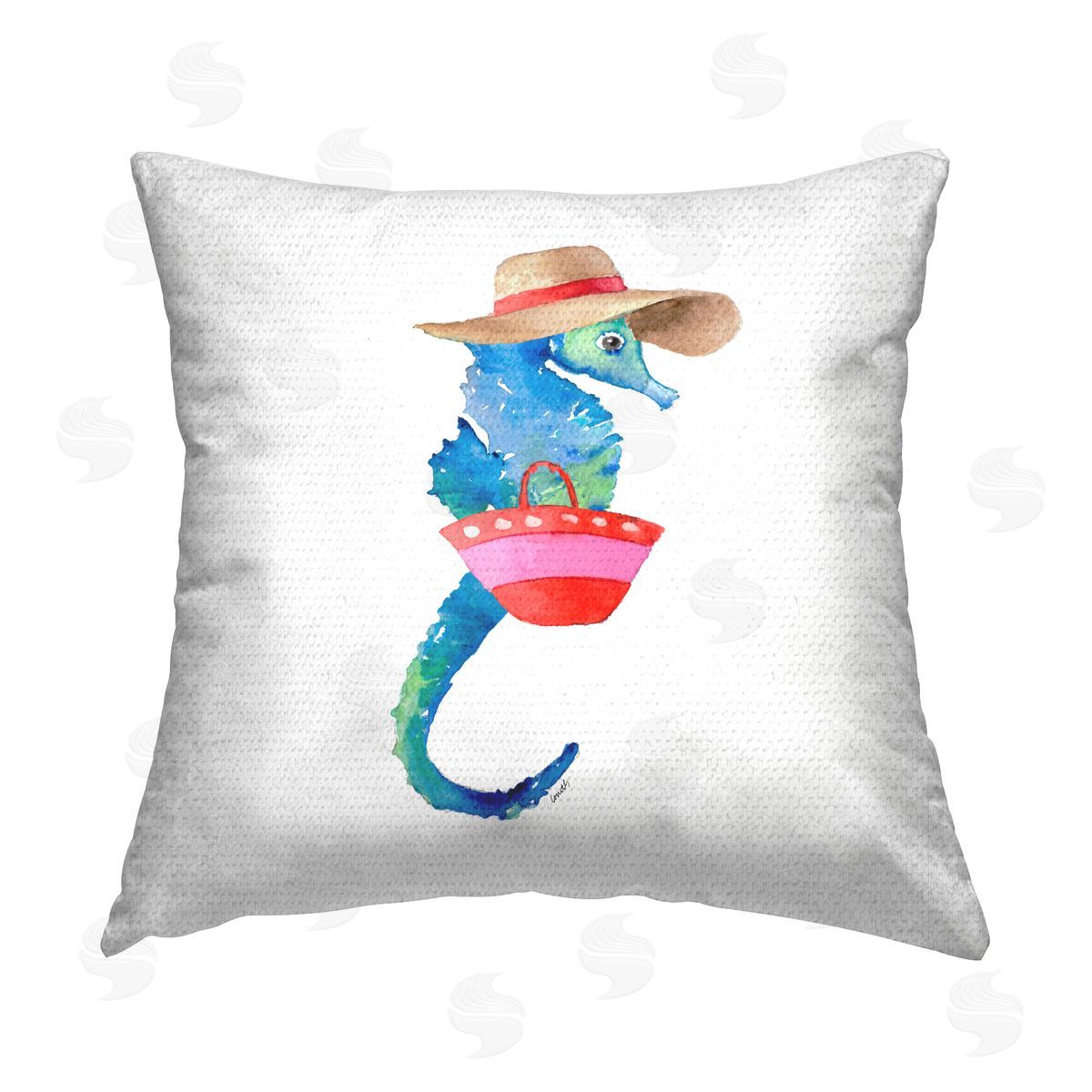 Lanie Loreth Seahorse in Beach Hat Outdoor Quick-Dry Polyester Printed Throw Pillow