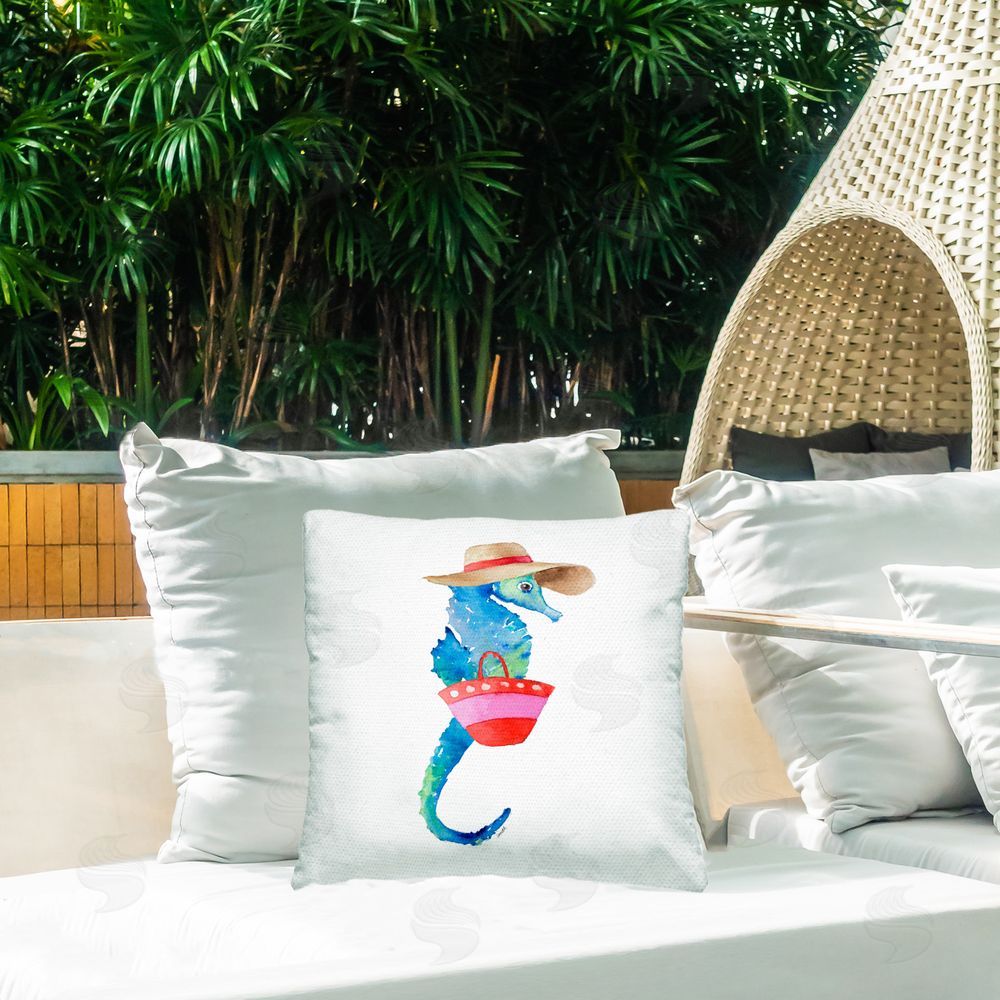 Lanie Loreth Seahorse in Beach Hat Outdoor Quick-Dry Polyester Printed Throw Pillow in Back Yard