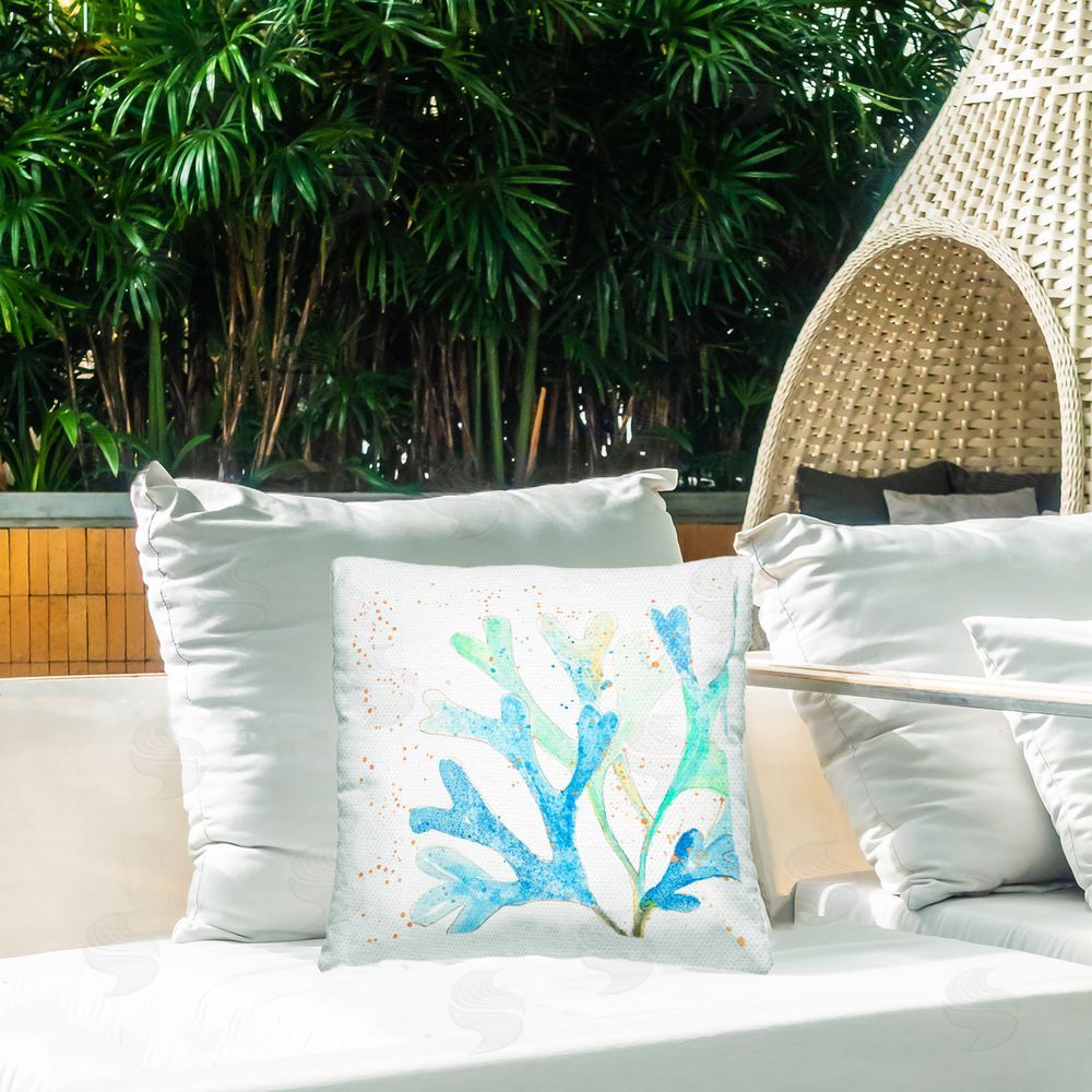 Patricia Pinto Modern Blue Coral Outdoor Quick-Dry Polyester Printed Throw Pillow in Back Yard